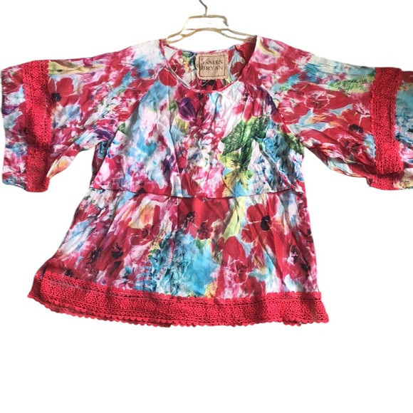 James Bryan floral tiered blouse SZ L Free-flowing flowered top Embroidered - Picture 1 of 11